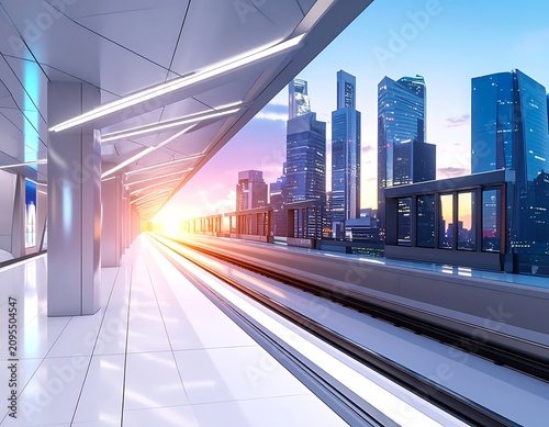 Futuristic cityscape with train speeding by.