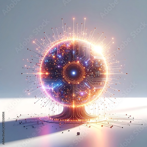 Futuristic glowing orb with circuit patterns.