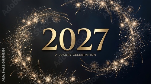 Golden 2027 text with a luxury celebration caption surrounded by circular fireworks in a dark night sky