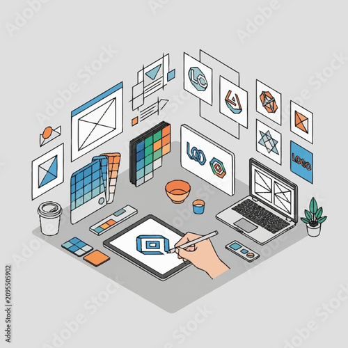 Modern isometric illustration of a digital workspace with devices and icons.