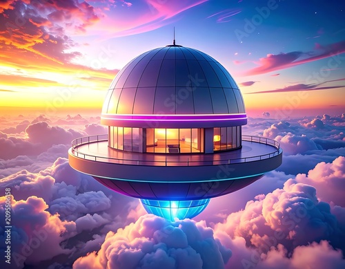 Futuristic observatory floating above clouds.