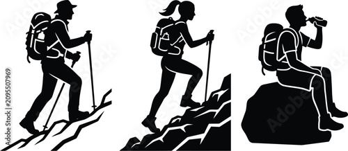 Tableau sur toile Silhouette of hikers climbing mountain trail, outdoor adventure teamwork and tre
