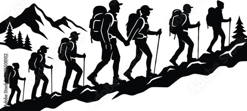 Fotografía Silhouette of hikers trekking up a steep mountain ridge in a group outdoor adven