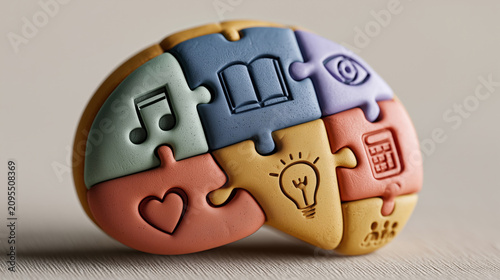 Colorful brain-shaped puzzle with icons representing different cognitive functions and learning styles including music, reading, creativity and emotions
