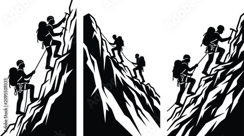 Foto Black and White Mountain Climbing Team Silhouette on Steep Peak, Adventure and S