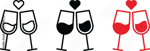 Quadro su tela Wine glasses clinking with hearts in outline, silhouette, and red styles