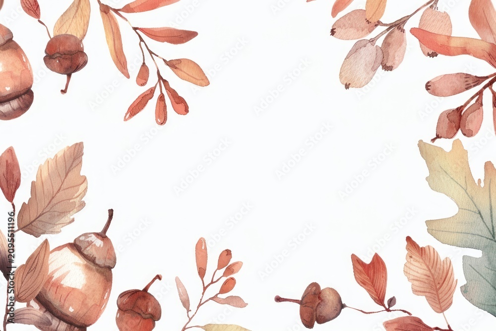 Obraz premium Acorn border watercolor backgrounds plant vegetable.