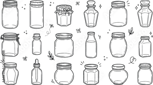 Foto Glass jar bottle container icon set vector illustration line art doodle with lid