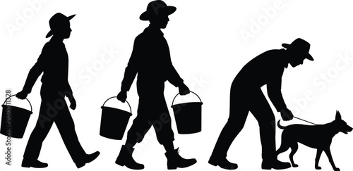 Konstfotografi Farm workers carrying buckets and man walking dog silhouette vector illustration