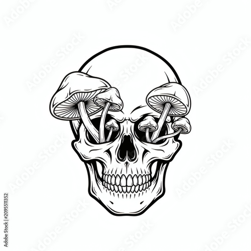 Skull with Growing Mushrooms Line Art Illustration