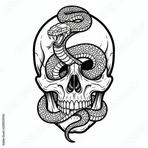 Viper and Skull Tattoo Design - Monochrome Line Art