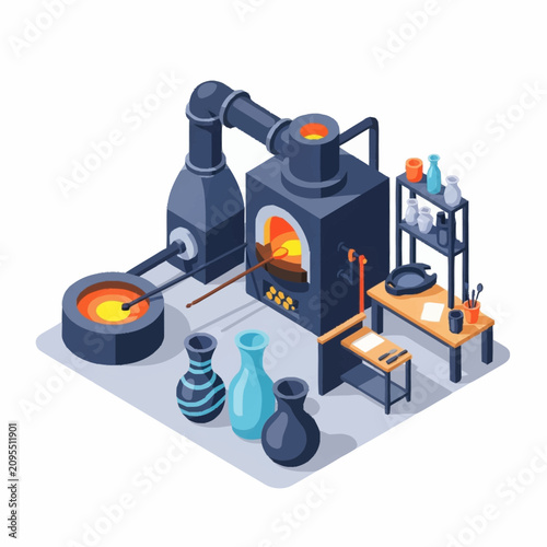 Modern glass factory with molten glass and workers in isometric style.