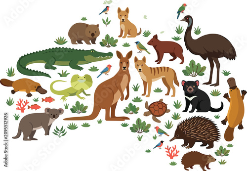 Foto Australian animals map vector illustration set with kangaroo koala emu platypus