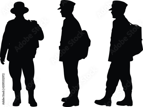 Canvastavla Military soldiers wearing uniforms and carrying backpacks silhouette vector illu