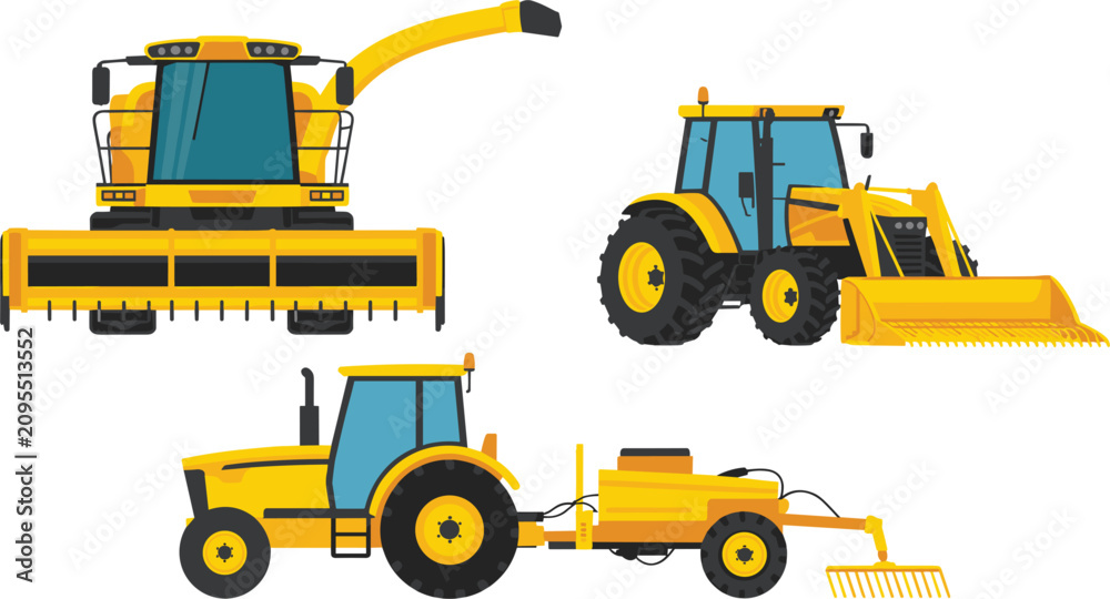 Obraz premium Yellow combine harvester and tractors vector illustration, industrial agricultural harvesting machinery set, modern farm vehicles design