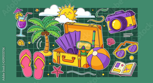 Travelers prepare for summer vacation with suitcases and beach gear