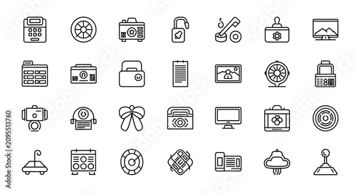Various technology and office icons including computer, phone, and security symbols are shown.