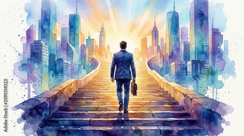 Lone entrepreneur walking up glowing steps in a modern city office watercolor scene