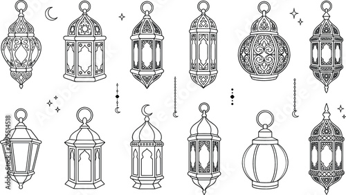 Ramadan lantern fanous icon set vector illustration line art doodle with Islamic hanging lamp ornament moon star arabesque