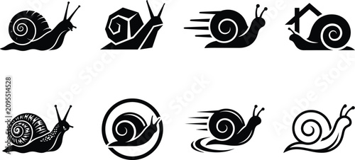 Konstfotografi Snail Silhouette Logo Icon Set with Fast Speed Motion and House Vector Concepts