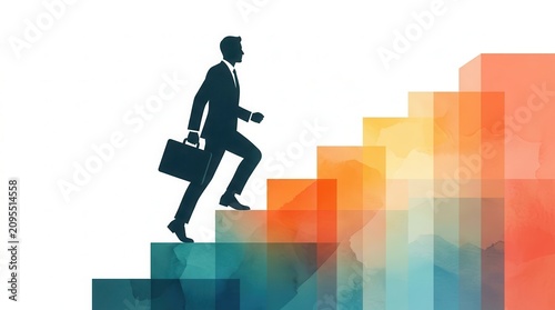 An abstract modern illustration of a businessman climbing stairs towards a goal.