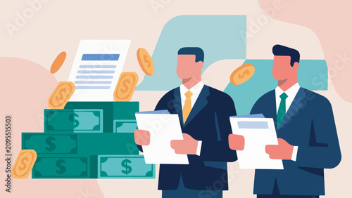 Illustration Of State Assets And Funds That Were Successfully Saved, Prosecutors Holding Official Documents Vector Design Template