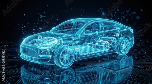 Blue digital wireframe car with glowing internal sensor nodes and data processing pathways.
