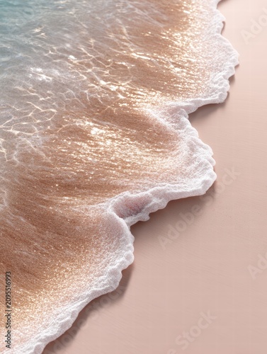 Close-up of a gentle ocean wave washing over a sandy beach, with sunlight reflecting off the water.