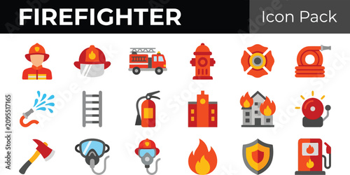 Firefighter icons set with emergency symbols and equipment