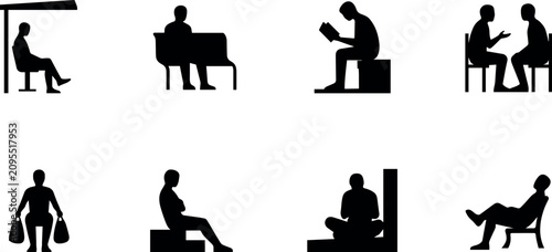 Foto Sitting people silhouettes set with characters reading talking waiting on bench