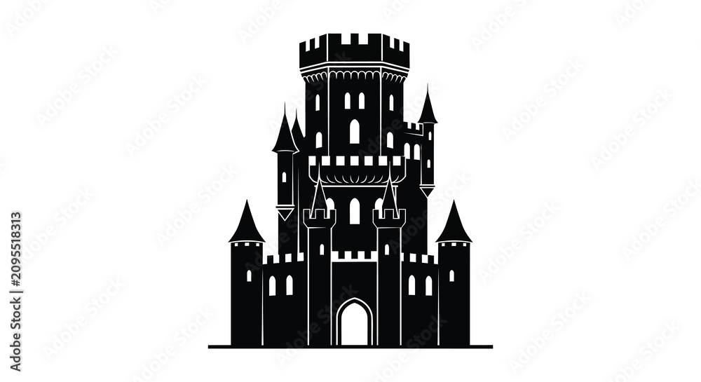 Fototapeta premium Medieval castle with towers and arched gateway black silhouette fortress architecture