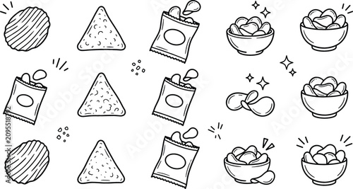 Cuadro en lienzo Potato chips and snacks vector doodle set with nachos bags bowls crisp tortilla