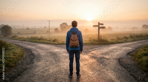 A young traveler with a backpack standing at a forked road during a beautiful sunrise.