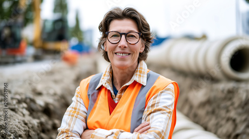 Confident female engineer in safety vest and glasses standing at construction site overseeing pipeline installation, industrial infrastructure project.