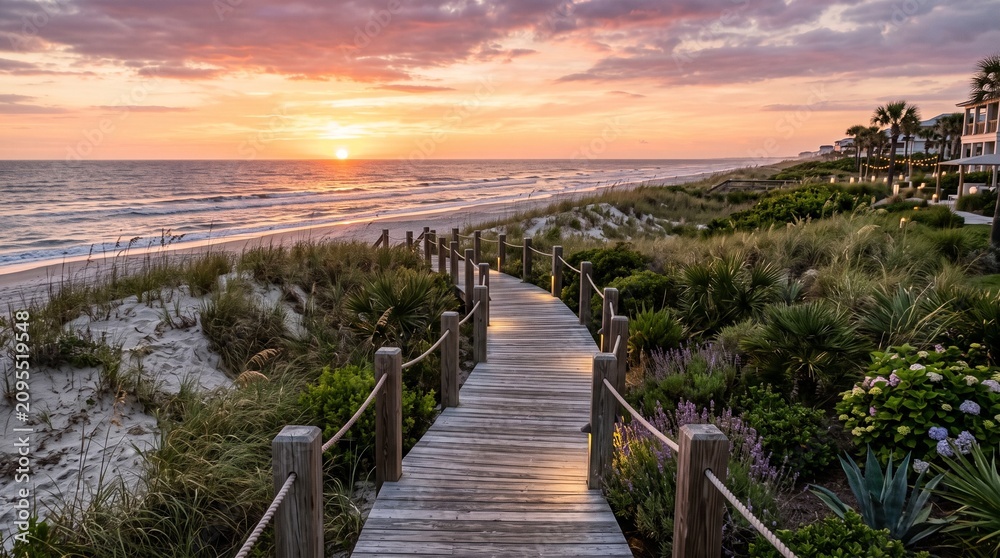 Fototapeta premium Beach resort pathway to ocean, wooden walkway, sand dunes, luxury coastal landscaping
