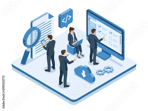 Four professionals collaborate in a stylized isometric workspace, analyzing documents with a magnifying glass, writing code on a laptop, managing digital checklists, and using advanced cloud services