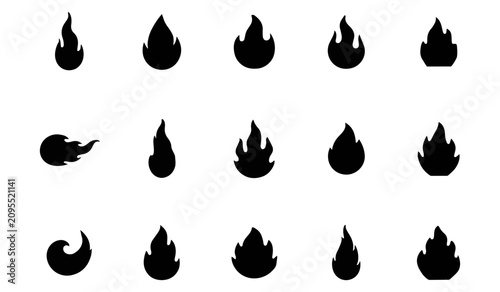 Fényképezés Collection of various black fire flame silhouettes and campfire icons for design
