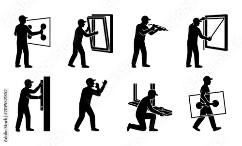 Tableau sur toile Window Installation Icons Set, Professional Glazier Actions, Home Renovation Sym