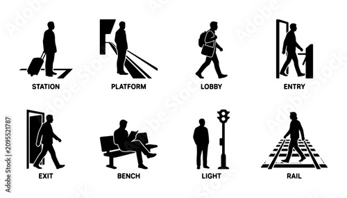 Public Transport Icons Set: Station, Platform, Lobby, Entry, Exit, Bench, Light, Rail - Vector Graphics for Travel and Navigation