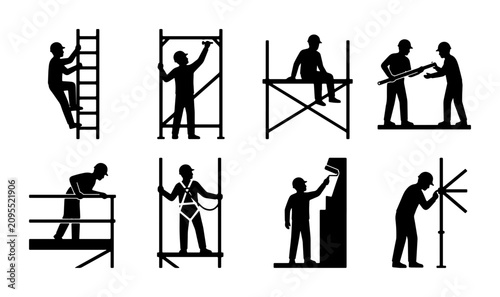 Bild auf Leinwand Construction Workers and Scaffolding Icons, Building Safety Equipment, Industria