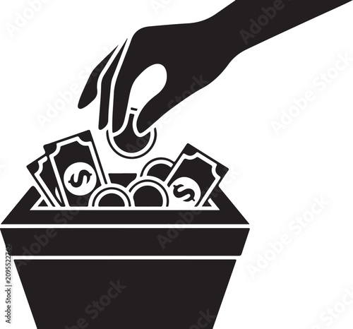 Hand depositing coin into donation box with cash and currency for financial support and charity Vector Illustration