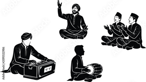 Schilderij op canvas Traditional Indian Sufi Qawwali Music Musicians Silhouette Set with Harmonium an