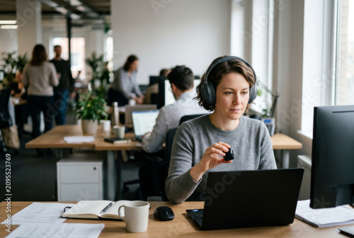 Neurodivergent employee staying focused with noise-cancelling headphones and a quiet fidget tool at an open-plan desk, calm and capable, soft daylight with copy space. Inclusive workplace scene.