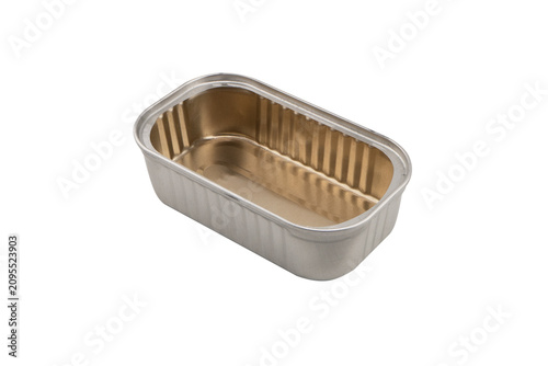 Empty opened aluminium can isolated on white background.  Aluminium cans. Food can. Metal containers for packaging