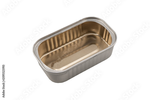 Empty opened aluminium can isolated on white background.  Aluminium cans. Food can. Metal containers for packaging