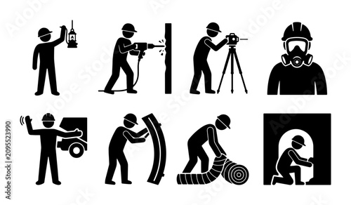 Canvas Print Construction Worker Icons Set: Safety, Tools, and Building Tasks, Diverse Indust