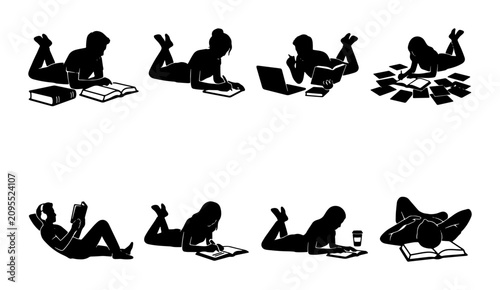 Fotografie Diverse Reading Silhouettes Set: People Studying, Learning, and Relaxing with Bo