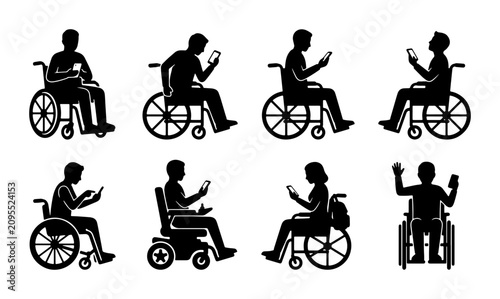 Cuadro en lienzo Diverse Wheelchair User Silhouettes, People with Disabilities Using Smartphones,