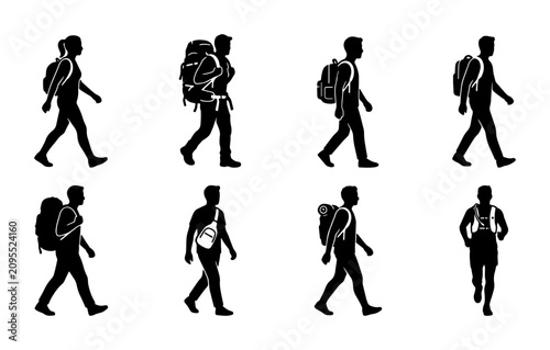 Tableau sur toile Backpacking Silhouettes: Diverse Hikers and Trekkers in Motion, Set of 8 Vector