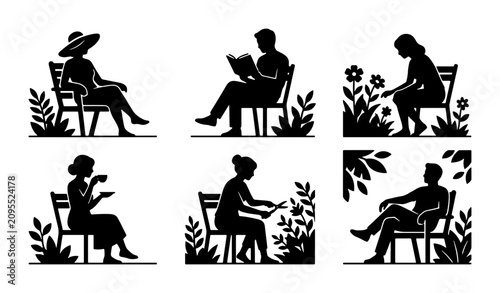 Tableau sur toile Silhouette People Set, Relaxing Garden Activities, Reading, Tea Time, Casual Lei